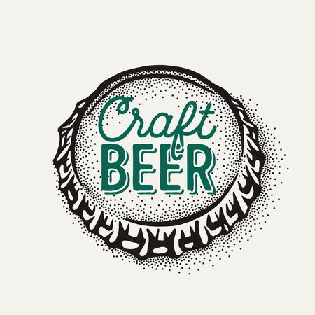 Craft beer bottle cap with brewing inscription in vintage style. Engraving illustration with lettering in hipster style isolated on grunge background.のイラスト素材