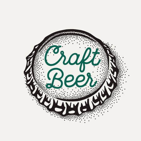 Craft beer bottle cap with brewing inscription in vintage style. Engraving illustration with lettering in hipster style isolated on grunge background.のイラスト素材