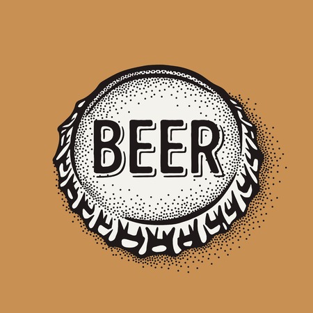 Craft beer bottle cap with brewing inscription in vintage style. Engraving illustration with lettering in hipster style isolated on grunge background.のイラスト素材