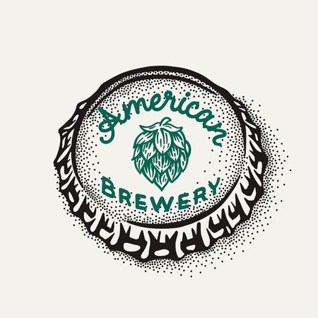 Craft beer bottle cap with brewing inscription in vintage style. Engraving illustration with lettering in hipster style isolated on grunge background.のイラスト素材
