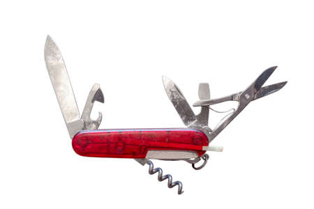Old Multipurpose knife with all neccessary tools all in one and Isolated on white backgroundの写真素材