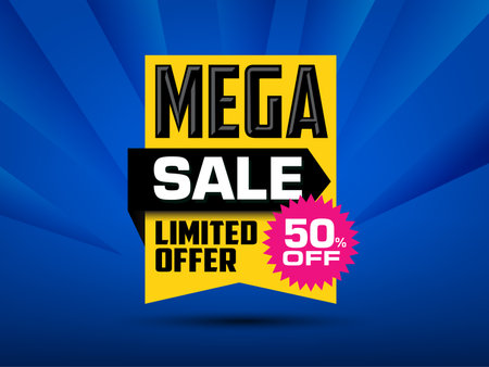 Promotion banner design, discount deal offer, marketing sales illustration with text Mega Sale 50 percent off. Design related to online shopping, vector design conceptのイラスト素材
