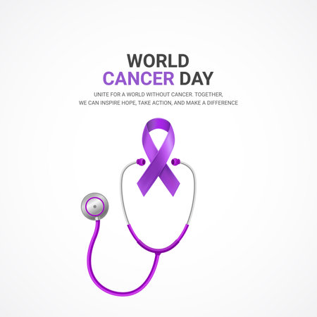 World Cancer Day. Vector illustration. Background with purple ribbon and stethoscope.のイラスト素材