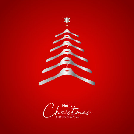 Christmas tree made of silver ribbons on red background. Vector illustration.のイラスト素材