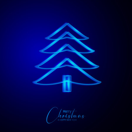 Neon Christmas tree on a dark blue background. Vector illustration.のイラスト素材