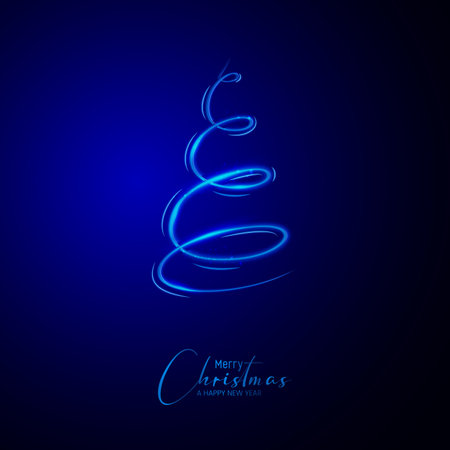 Abstract Christmas tree made of neon lights on blue background. Vector illustration.のイラスト素材