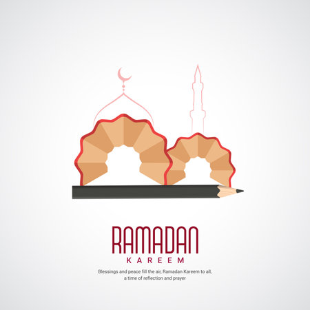 Ramadan Kareem greeting card with mosque and pencil. Vector illustration.のイラスト素材