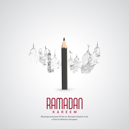 Ramadan Kareem greeting card with black pencil. Vector illustration.のイラスト素材