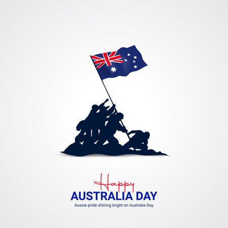 Australia Day greeting card with Australian flag and silhouette of man on hill. Vector illustration.のイラスト素材