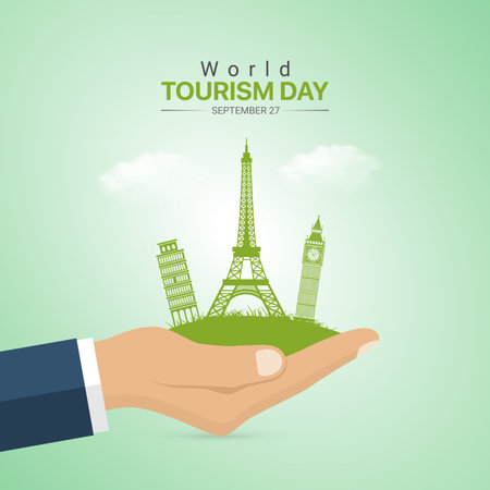 Creative Tourism day ads design. Tourism day, Celebrated in United States in September 27, vector, 3d illustrationのイラスト素材