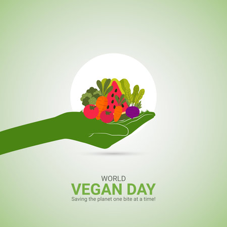 Creative Vegan Day ads design. World Vegan Day, Celebrated in United States in November 1st, vector, 3d illustrationのイラスト素材
