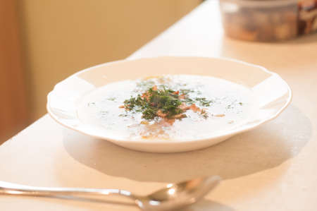 Soup with meat and cropped dill and parsley in white plate, on the tableの写真素材
