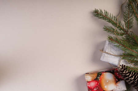 New year and Christmas background top view with decoration and fir tree and big copy space