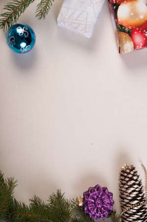 New year and Christmas background top view with decoration and fir tree and big copy space