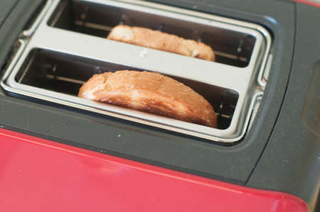 Toasts in toaster peer out while cookingの写真素材