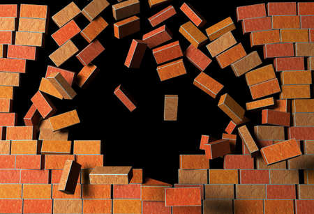 3d Render Illustration of Brick Wall,  Explodes on Black Backgroundの写真素材