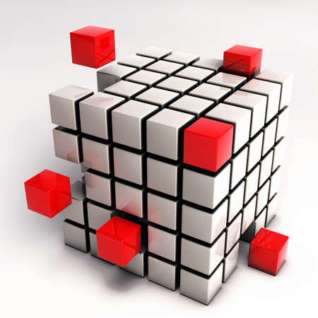Abstract Cube Illustration - Red Cubes Separating from Single Cube Mesh isolated on white backgroundの写真素材