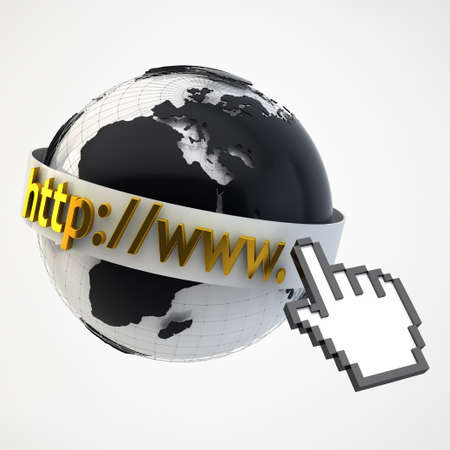 Internet Concept Illustration - Globe Coverered by Domain Bar Label with pointing hand arrow iconの写真素材