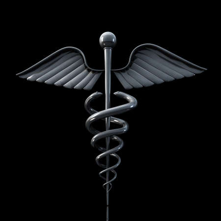 Shiny Silver Caduceus on black reflective backgroundの写真素材
