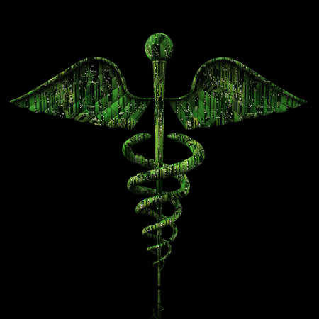 Digital Medical Concept - Caduceus Shaped Electronic Circuit on reflective black backgroundの写真素材