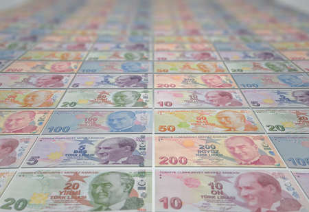 A mixture of Turkish Lira Banknotes on perspectiveの写真素材