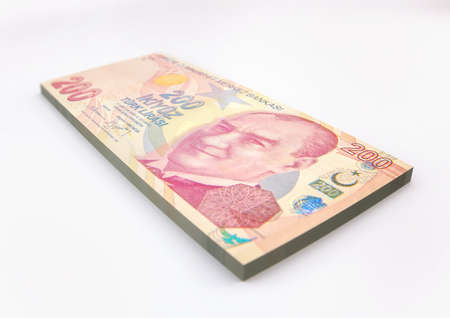 Two Hundred Turkish Lira Banknotes isolated on white background