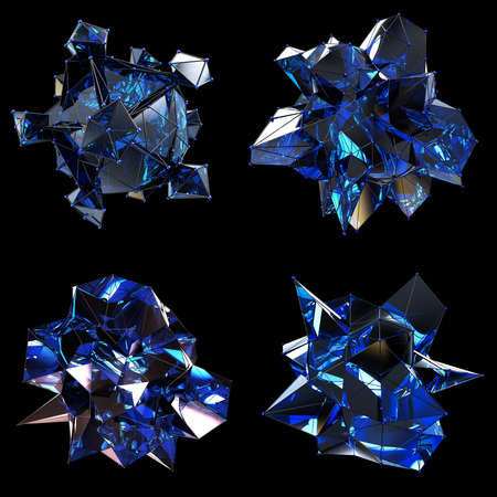 Set of 4 Abstract 3D Low Poly Renderings on Black Background
