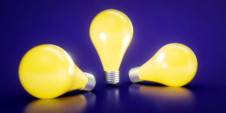 Yellow light bulbs on a blue background. 3D illustration. 3D rendering.の写真素材