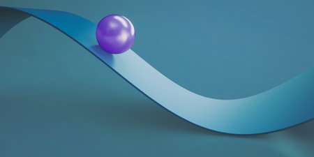 Abstract 3d rendering of blue and purple curved ribbon with sphere.