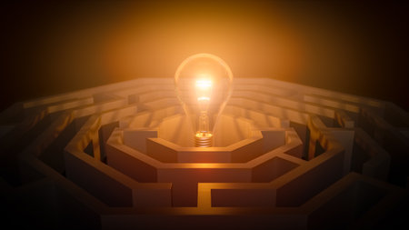 Light bulb in the middle of a maze. This is a 3d render illustrationの写真素材