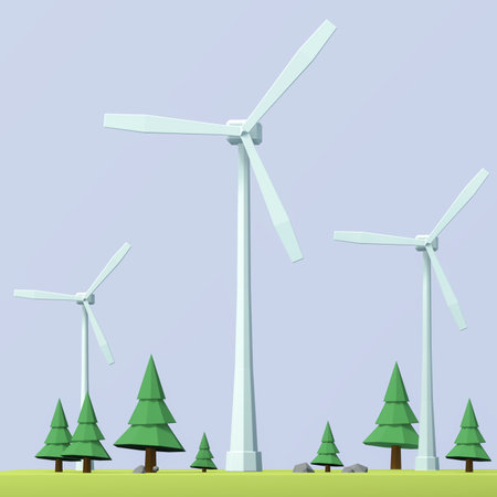 Wind turbines and coniferous trees in the field. vector illustration.の写真素材