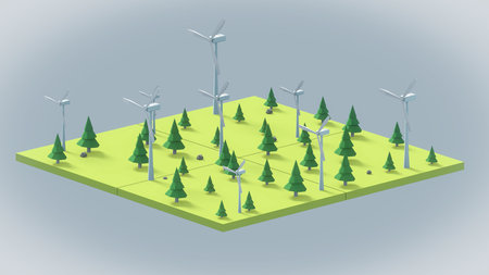Wind turbines in the forest. Renewable energy concept. 3d renderingの写真素材