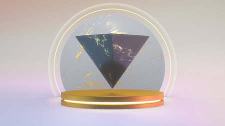 3D Render of Abstract Colorful Golden Stage-Podium with Reversed Black Marble Textured Pyramid on it