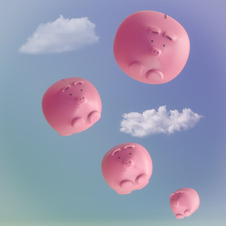 Set of pink piggy banks in the sky. vector illustration.の写真素材