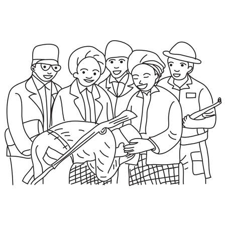 Hand drawn of fighters who are asking the blessing of religious leaders. Vector, illustration.のイラスト素材