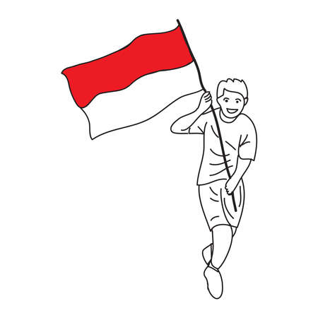 Hand drawn of a young man running while carrying the Indonesian flagのイラスト素材