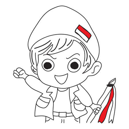 Hand drawn of a cartoon illustration of a boy standing with red white attribute as symbol of the Indonesian flagのイラスト素材