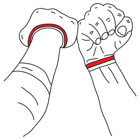 Hand drawn of two hands doing fist with red white bracelet as symbol of the Indonesian flagのイラスト素材