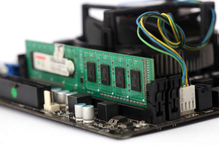 Close up and detail photo of computer circuit board, motherboard, computer component and port....