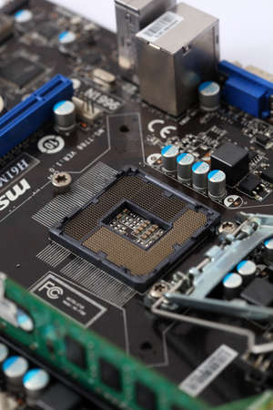 Close-up of modern CPU socket motherboard,Detail of cpu socket on a modern computer motherboard.の写真素材