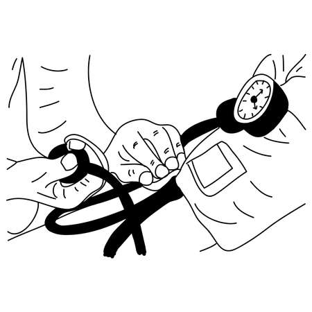 Doctor checking patient arterial blood pressure. Health care. Hand drawnのイラスト素材