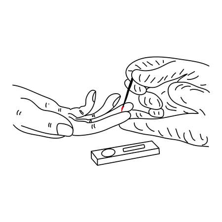 Blood sampling from the finger for laboratory analysis. Hand drawn. Medical conceptのイラスト素材