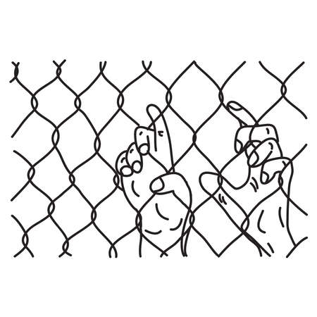 Hand drawn of hands in iron bars. Freedom and human right conceptのイラスト素材