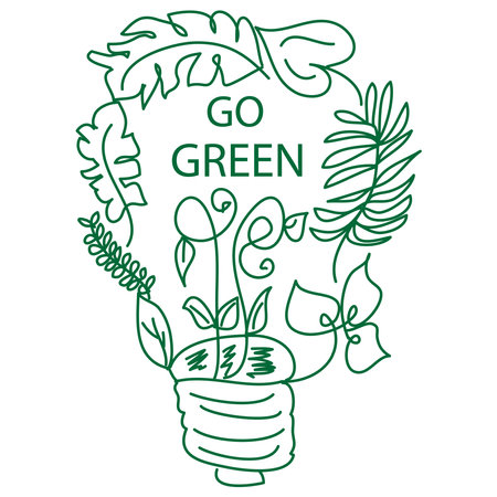 Hand drawn of light bulb with green leaves decoration. Go green concept.のイラスト素材