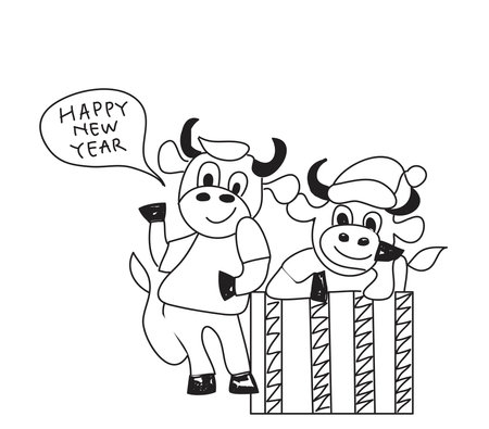 Hand drawn of cow or buffalo or carabao with text "Happy new year". New year concept with buffalo yearのイラスト素材