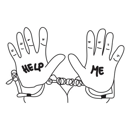 Hand drawn of a hand cuffed. On the palm are inscribed "Help Me". The concept of abolishing slaveryのイラスト素材