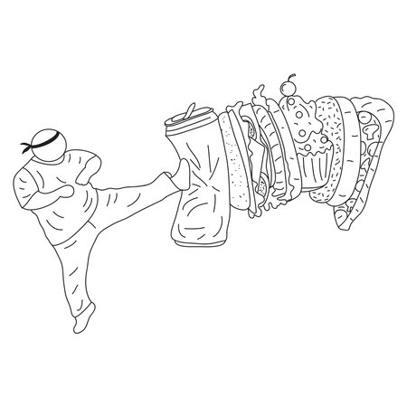 Hand drawn of fat man wearing sportswear while kicking soft drink and fast foodのイラスト素材
