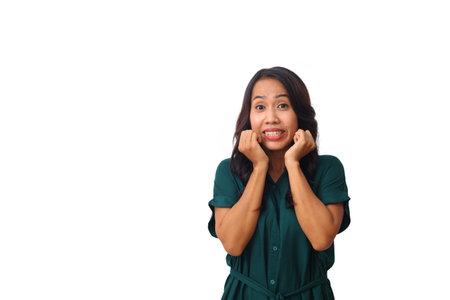 Asian girl is surprised she is excited.White background studio