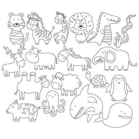 Vector cartoon big set of cute doodle animals. Perfect for postcard, birthday, baby book, children roomのイラスト素材