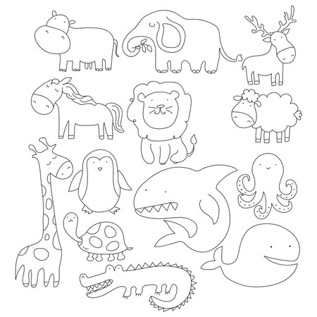 Vector cartoon big set of cute doodle animals. Perfect for postcard, birthday, baby book, children roomのイラスト素材